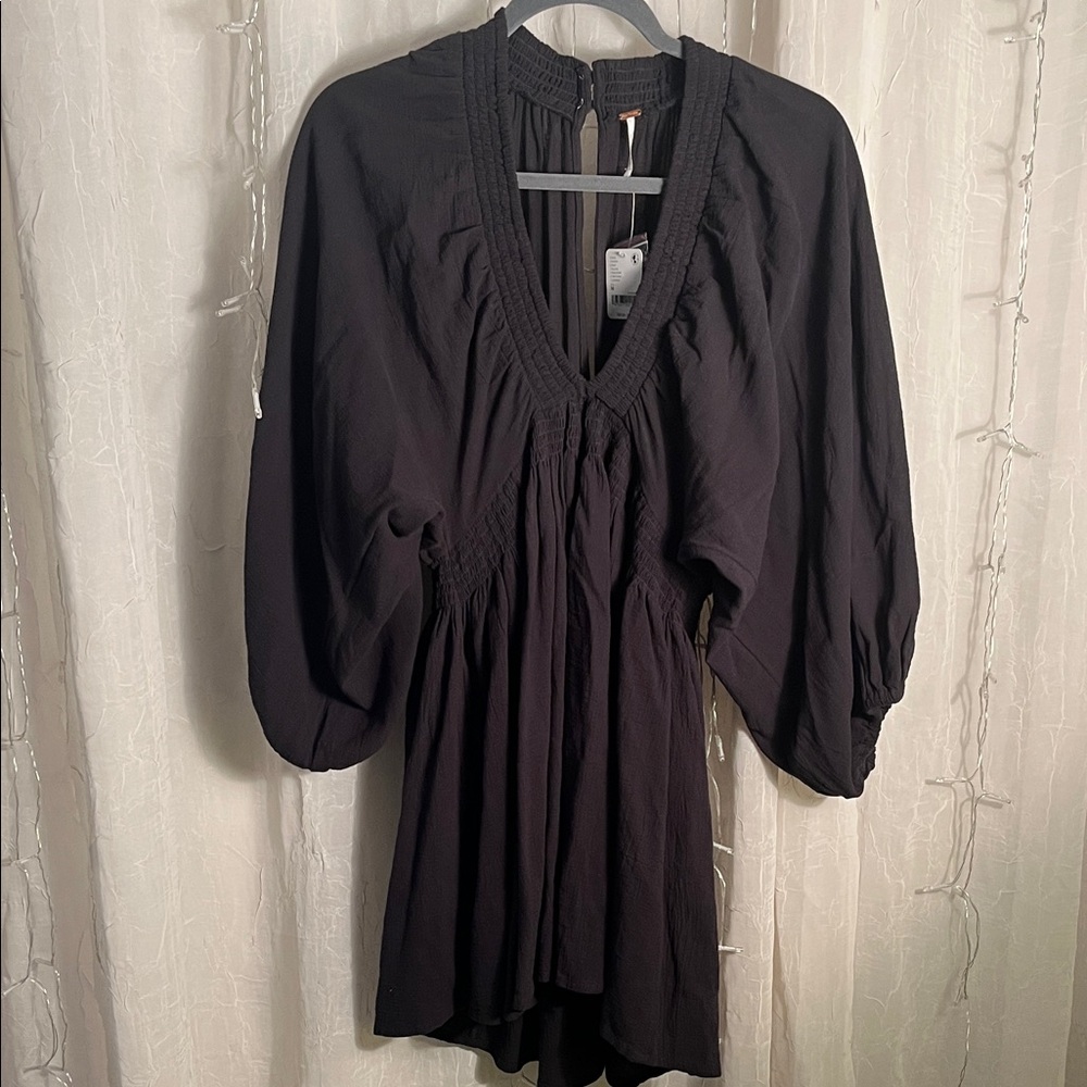 Free People Black Mini Dress with V-Neck and Balloon Sleeves